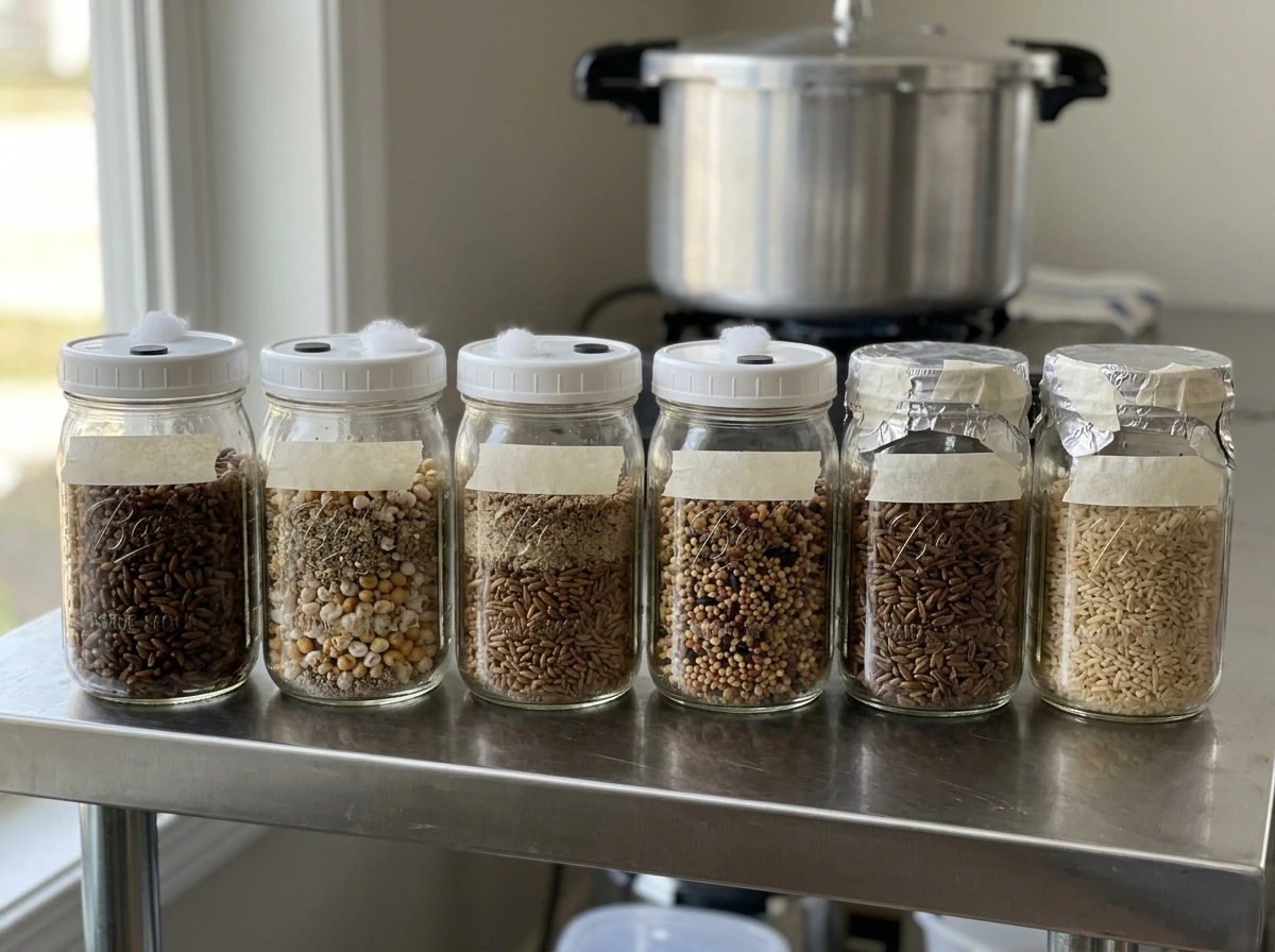 Stack of labeled substrate jars ready for inoculation workflow