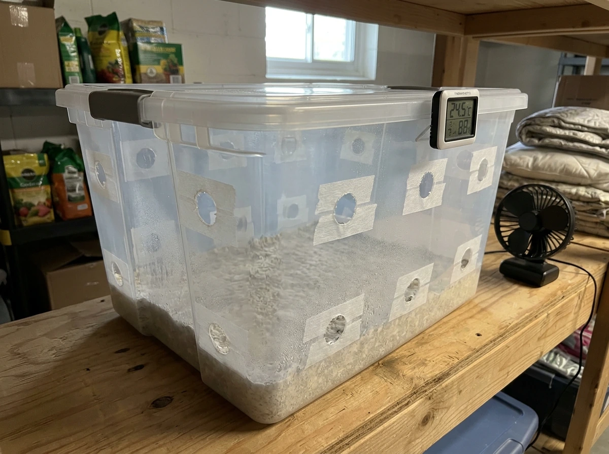 Monotub with lid showing drilled holes and fresh-air exchange setup