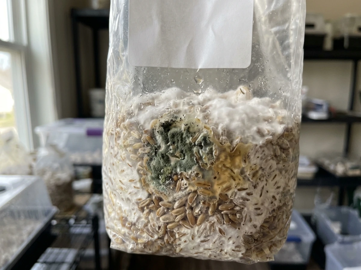 Contaminated substrate jar with visible mold patches