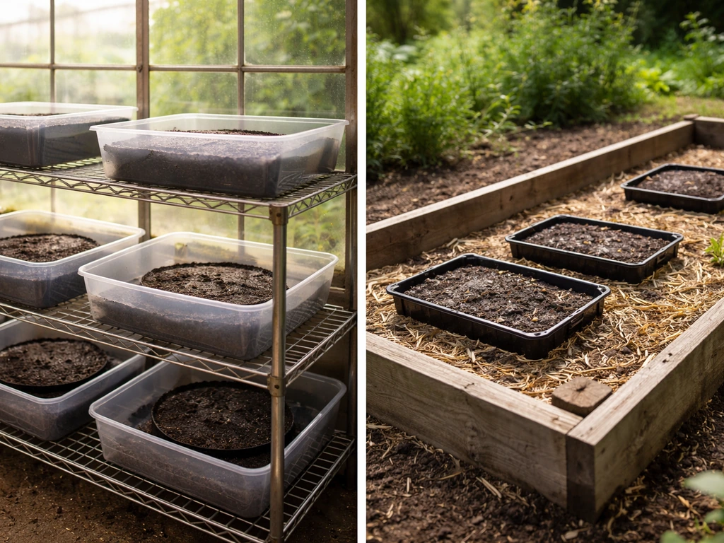 Two-panel photo: greenhouse pot shelf and outdoor raised bed with plants for chanterelle-style mushroom growing setup.