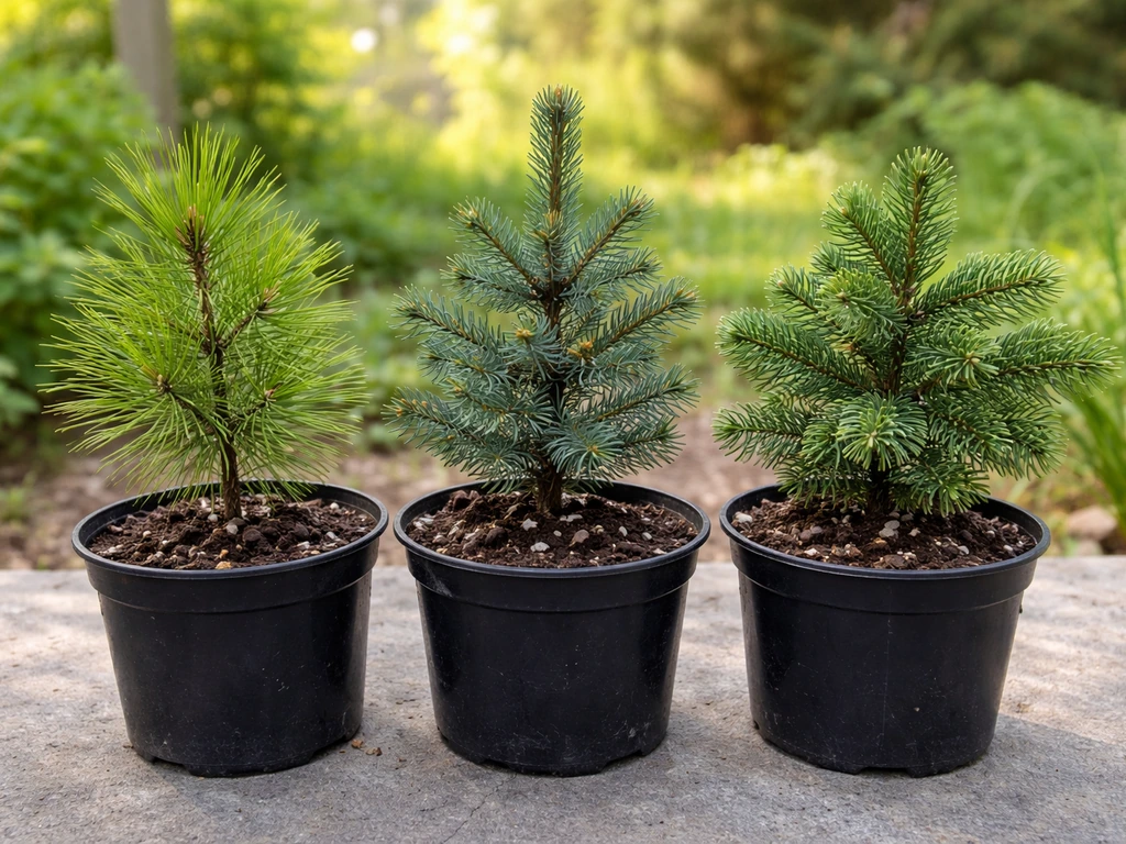 Close-up of potted pine, spruce, and fir saplings in soil, suggesting compatible host trees for chanterelles.