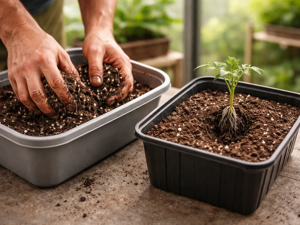 Gardener hands mixing slightly acidic substrate and placing an inoculated seedling into a greenhouse container.