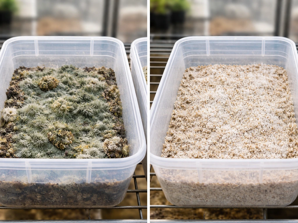 Split view of a greenhouse container with green/black mold on one side and clean colonized substrate on the other.