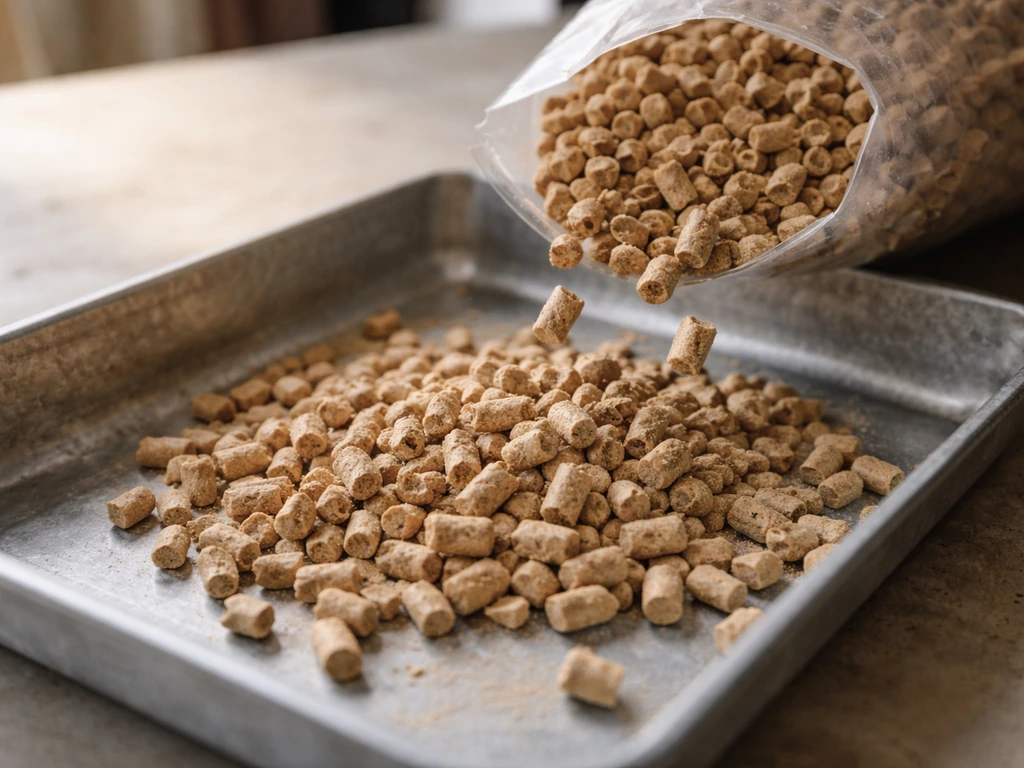 Pelletized hardwood fuel pellets pouring from a bag onto a metal mixing tray.