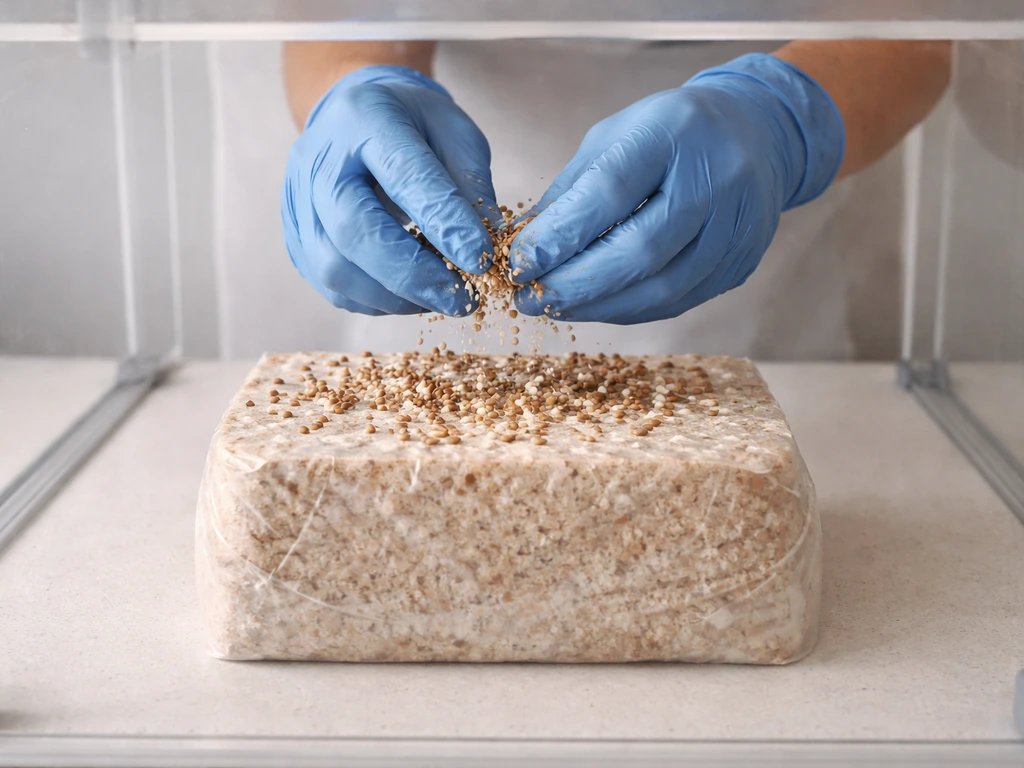 Gloved hands breaking grain spawn and distributing it onto a prepared sawdust block inside a still-air box.