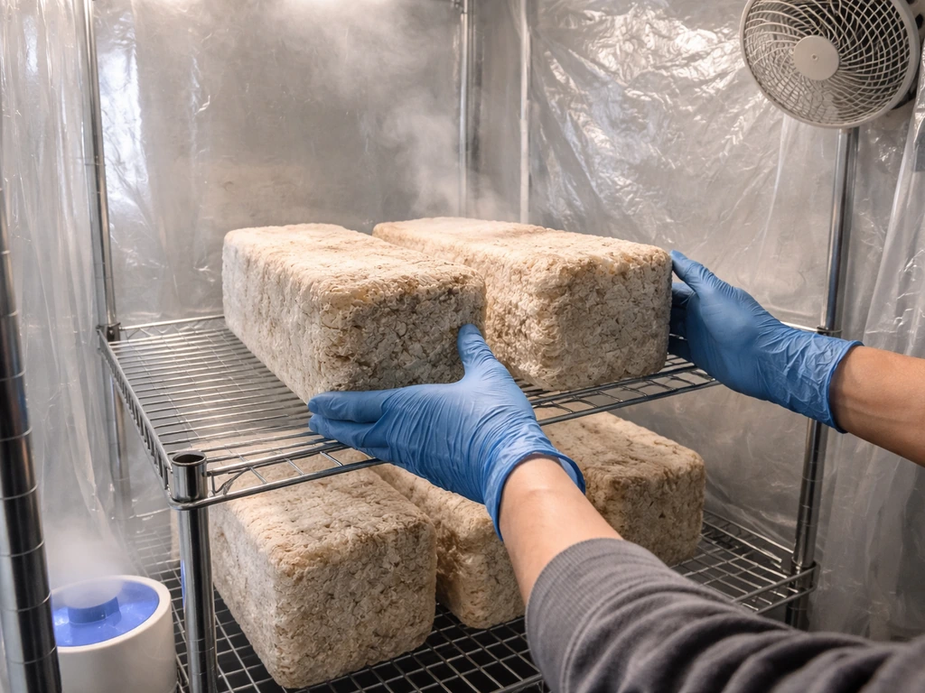 Hands moving colonized sawdust blocks into a humid fruiting tent with mist and airflow