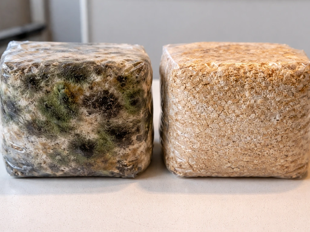 Side-by-side sawdust blocks: one with green/black mold patches, the other mostly clean and unaffected.