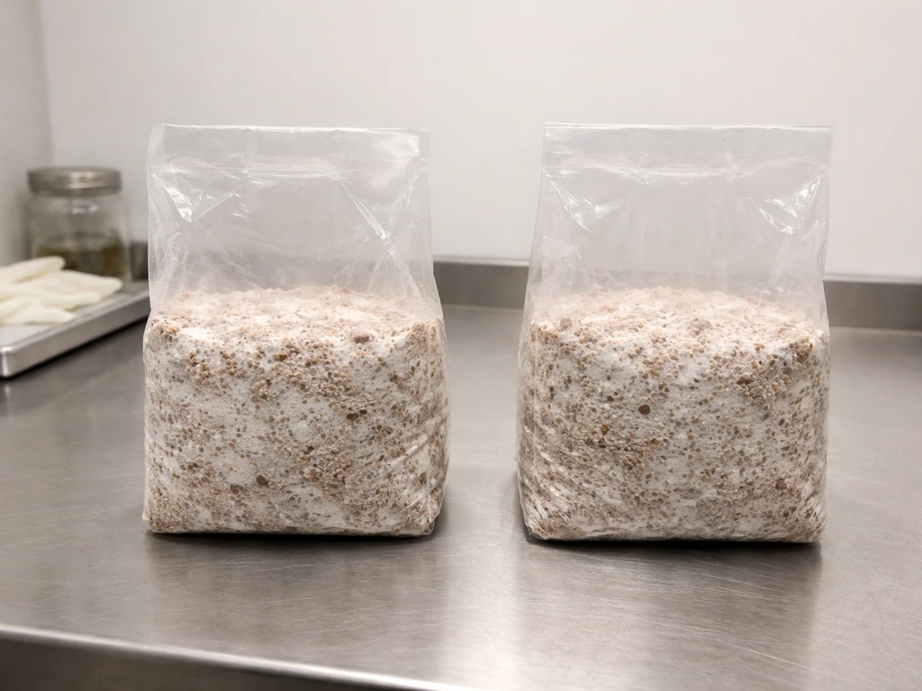 Two anonymous cultivation bags/trays side by side on a clean workbench, earthy mushroom-growing setting.