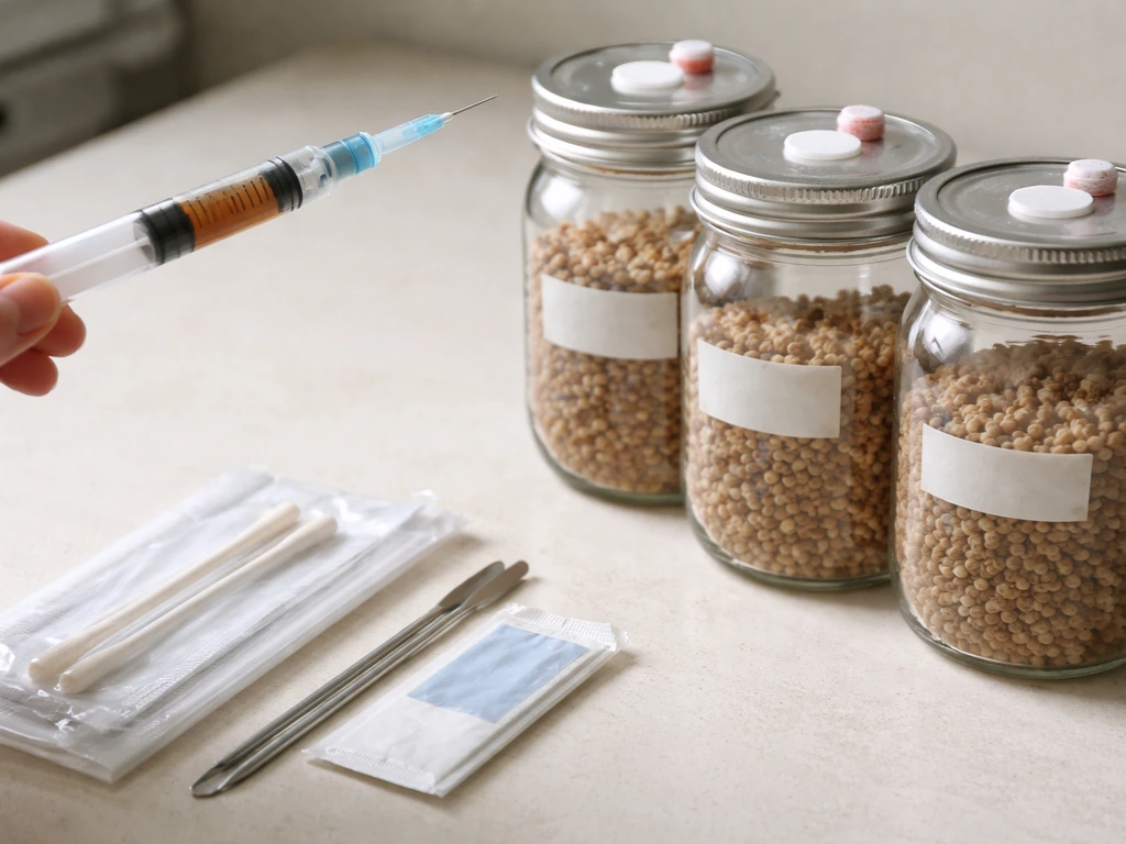 Close-up of spore syringe, sterile tools, and grain spawn jars on a bench with simple, clear labels.