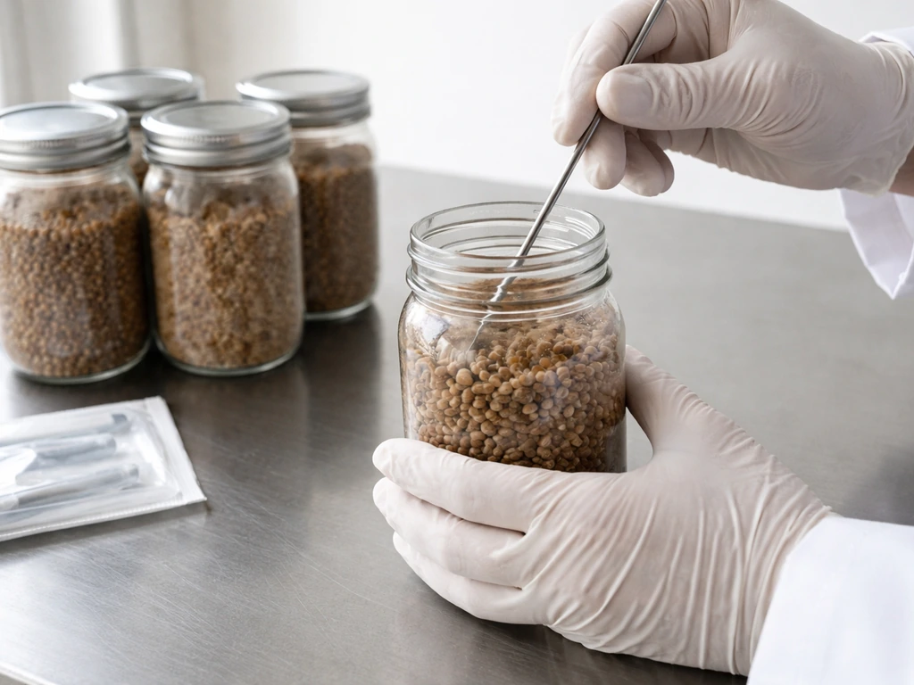 Gloved hands inoculating sterilized rye grain jars on a clean stainless surface under careful hygiene.