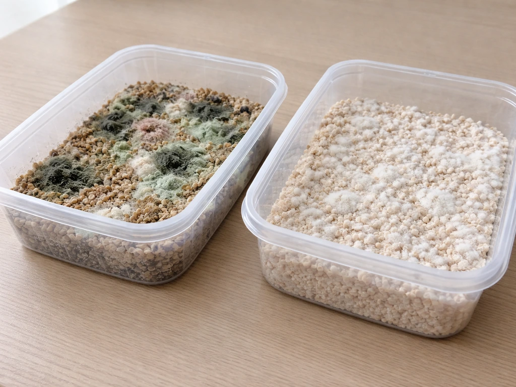 Two clear grain tubs side by side: one contaminated with green/black/pink patches, one with healthy white mycelium.