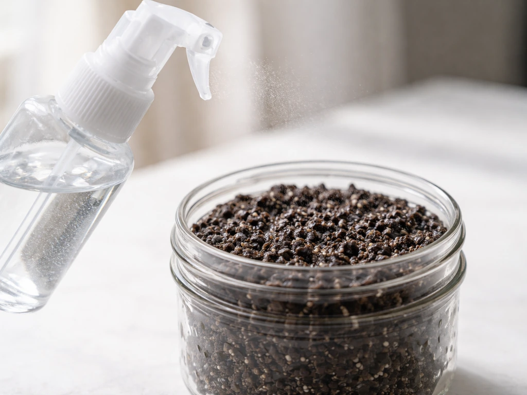 Close-up of a small mister with distilled water and a jar showing a moist, ready mushroom casing surface.