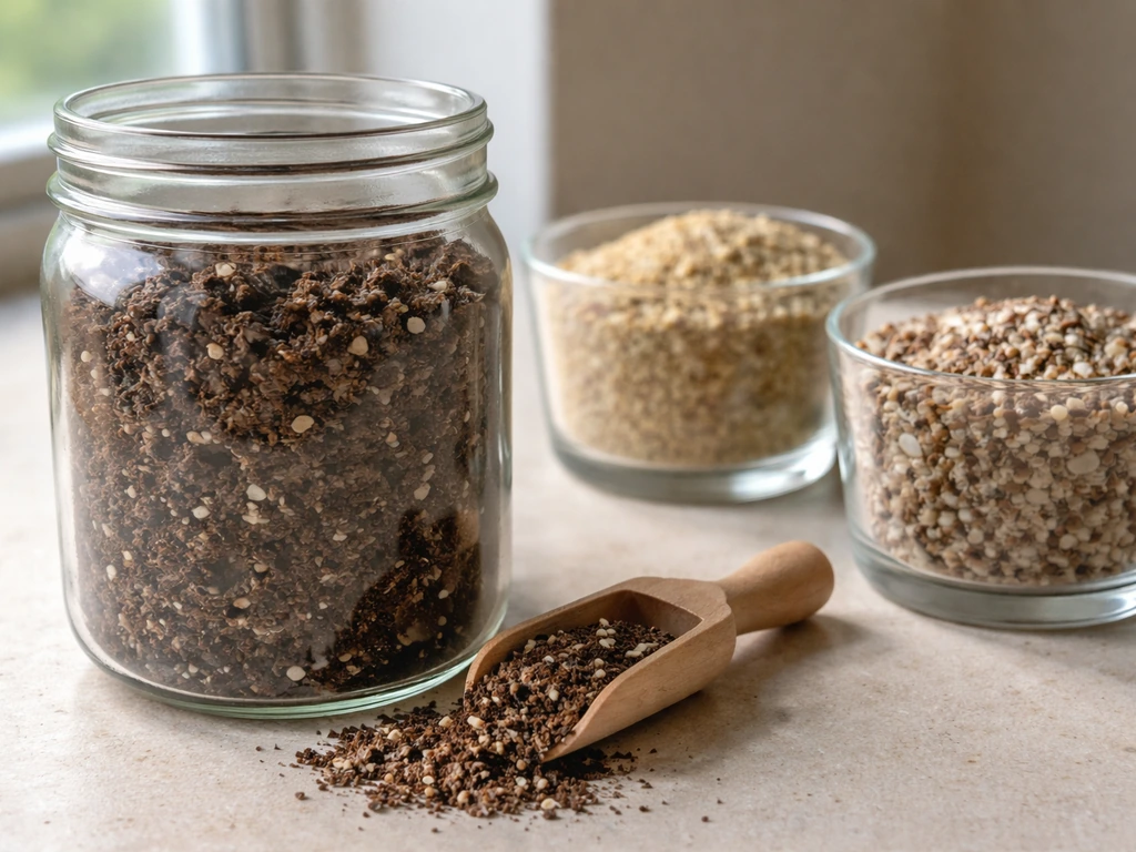 Close-up of a casing mix jar and separate containers of vermiculite and rye/brf ingredients on a table.