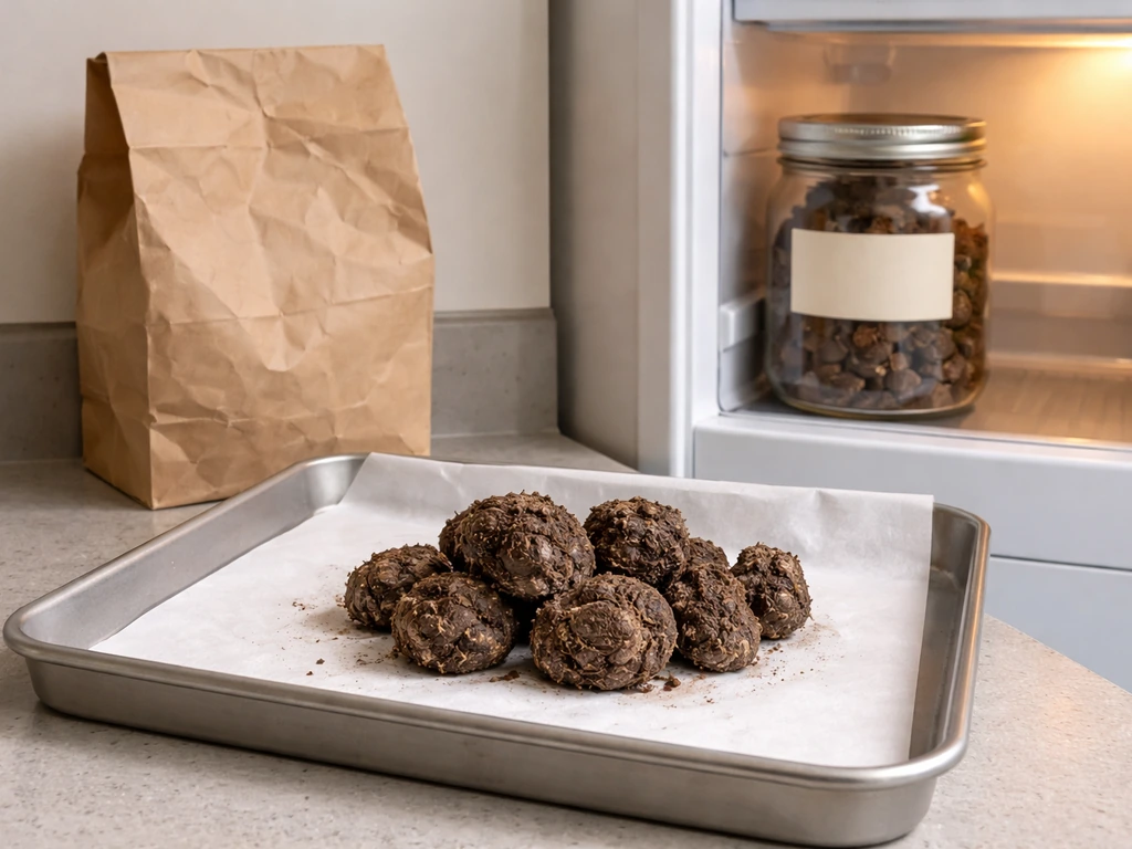 Fresh truffle sclerotia on clean paper beside a paper bag and a labeled refrigerator jar, ready for storage.