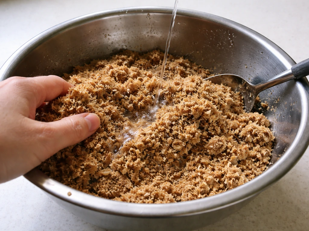 Stainless bowl with hardwood sawdust substrate being mixed with water into damp clumps.