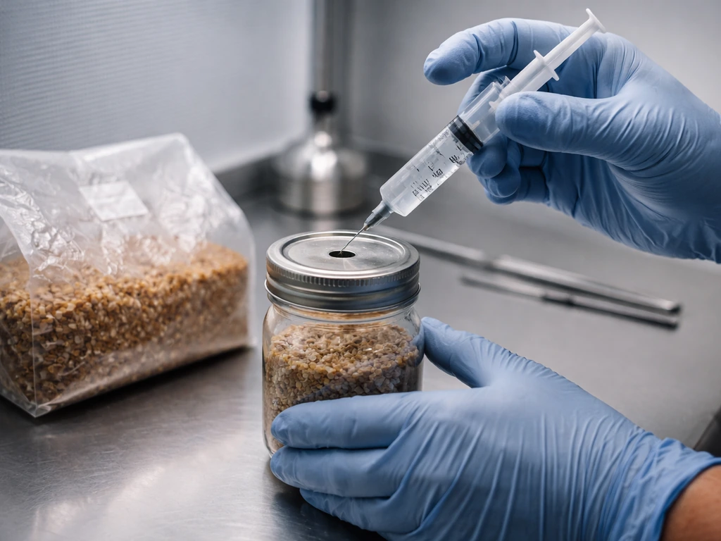 Gloved hands injecting sterile liquid culture into substrate jars inside a clean flow-hood setup.