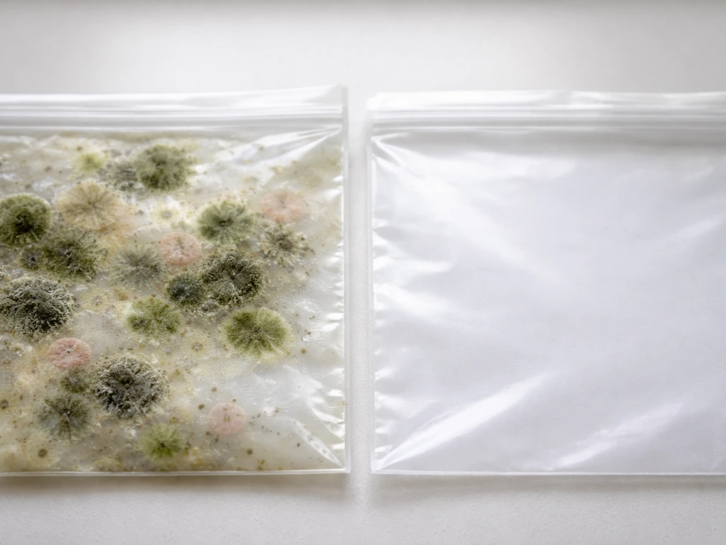 Close-up of a contaminated substrate bag with distinct green, black, and pink mold beside a clean surface