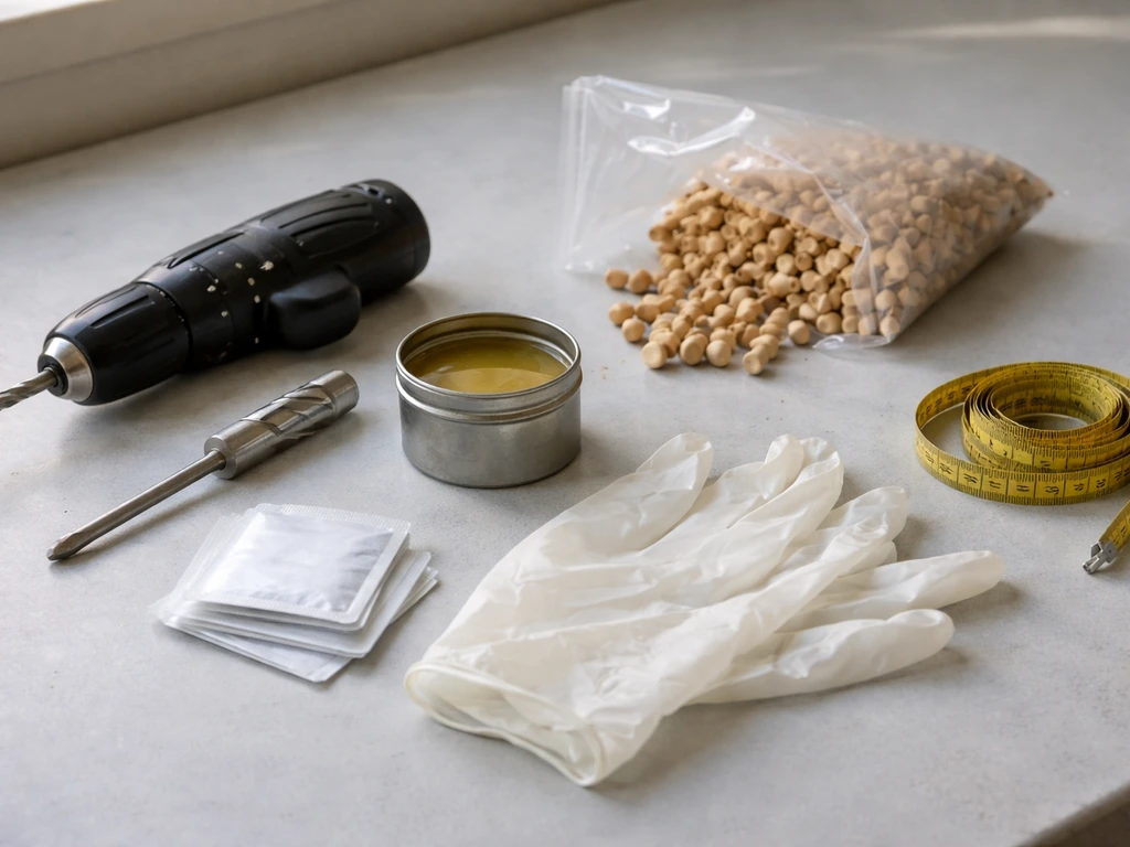 Mushroom dowel inoculation supplies neatly laid out: drill bit, sealer tools, dowels, gloves, measuring tape, alcohol wi