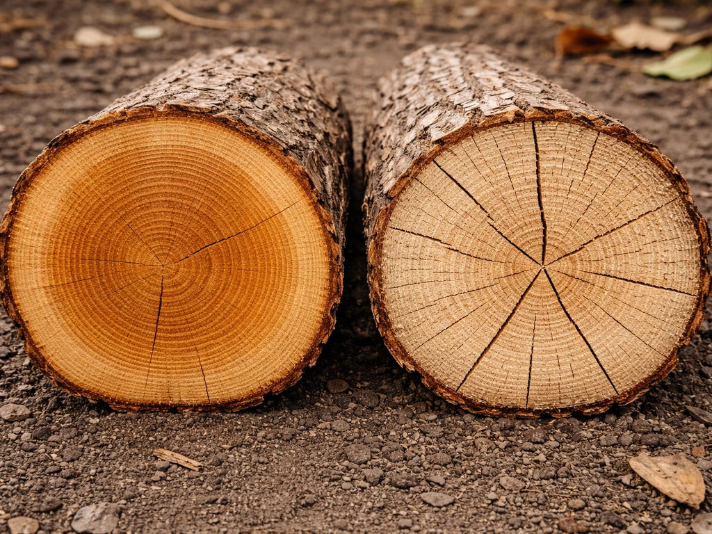 Split logs side-by-side: fresh end-grain dark and moist vs seasoned end-grain lighter with visible cracks