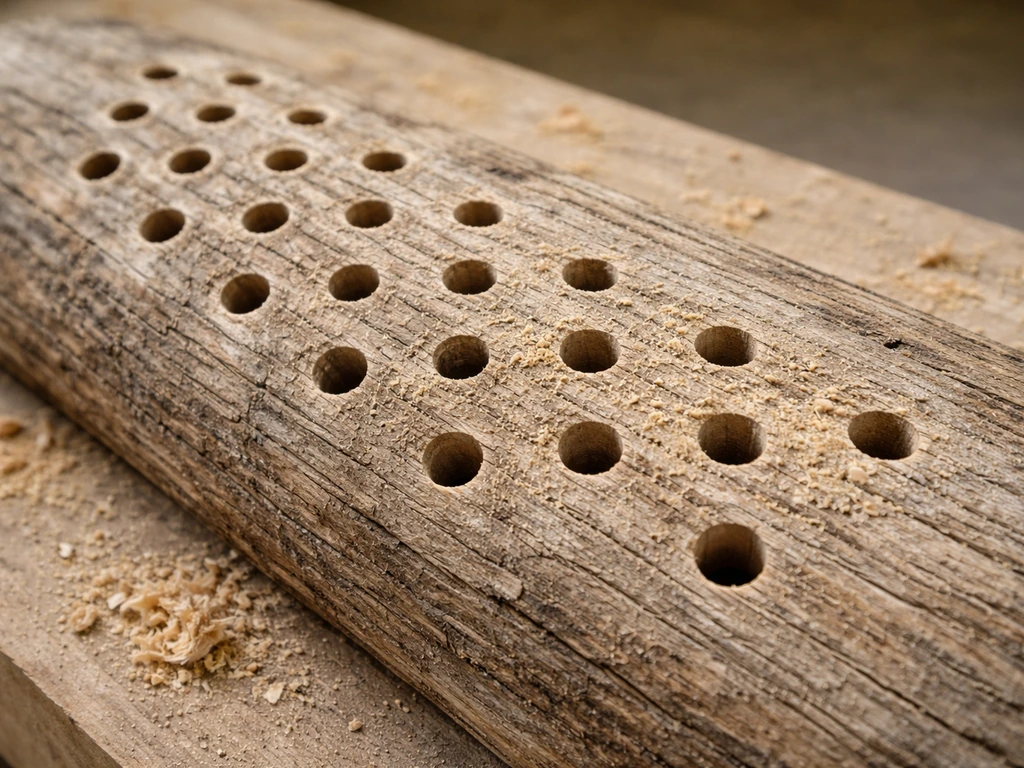 Close-up of a log with a staggered/diamond pattern of shallow drilled holes, ready for dowels