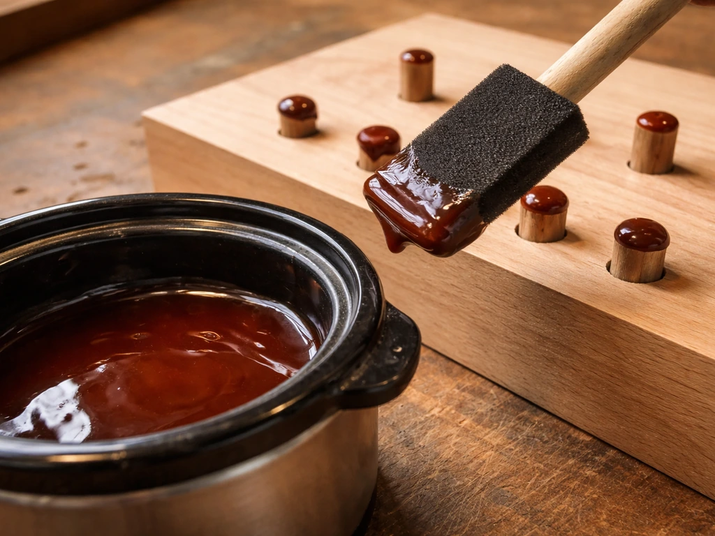 Close-up of melted sealing wax being dabbed over dowels in drilled holes on a wooden board.