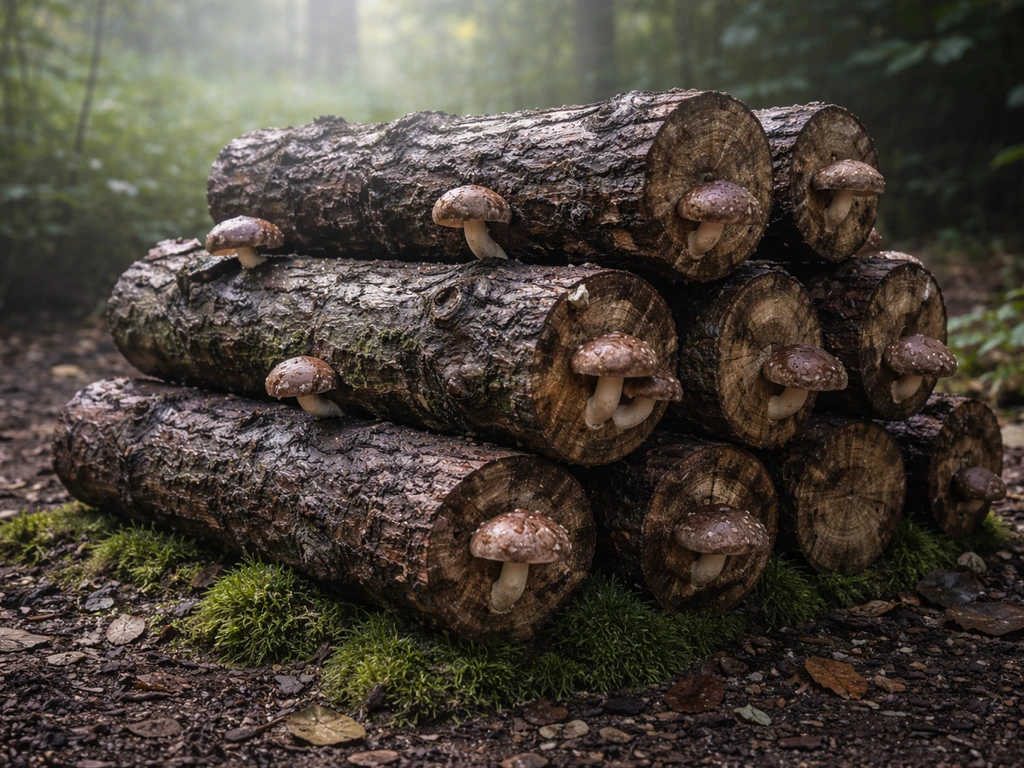 Shaded shiitake log stack with young caps emerging, dewy and misty outdoor conditions.