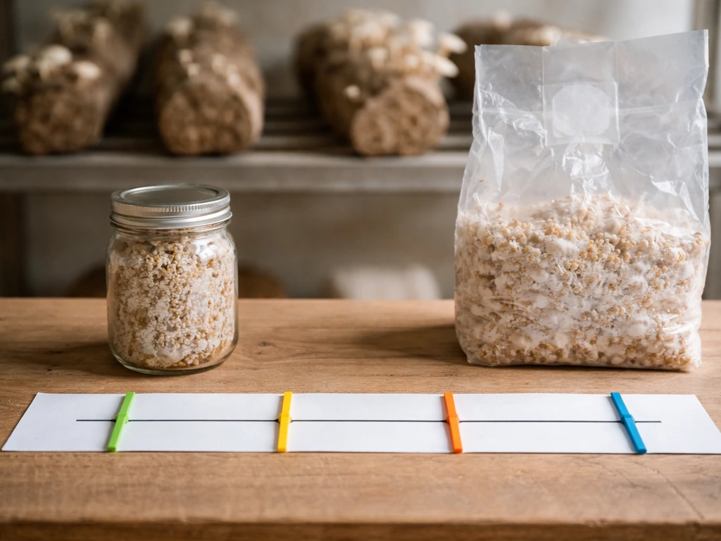 Minimal mushroom grow workspace with jar, grow bag, and blank visual markers suggesting a timeline to harvest.