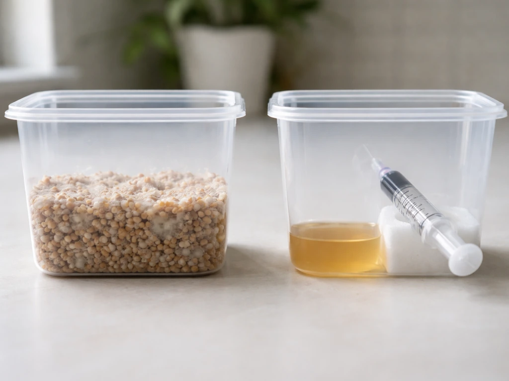 Two separate sterile containers on a counter: colonized grain spawn and a spore syringe setup, side-by-side.