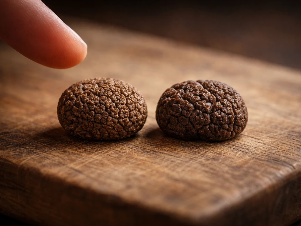 Close-up of two truffles side-by-side on wood, one firm and dense, the other softer-looking, showing readiness cues.
