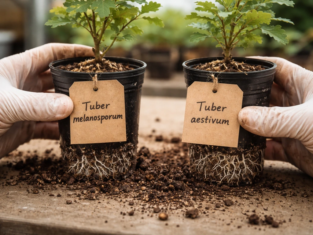 Close-up hands placing certified inoculated seedlings into a tray, with two truffle species labels visible
