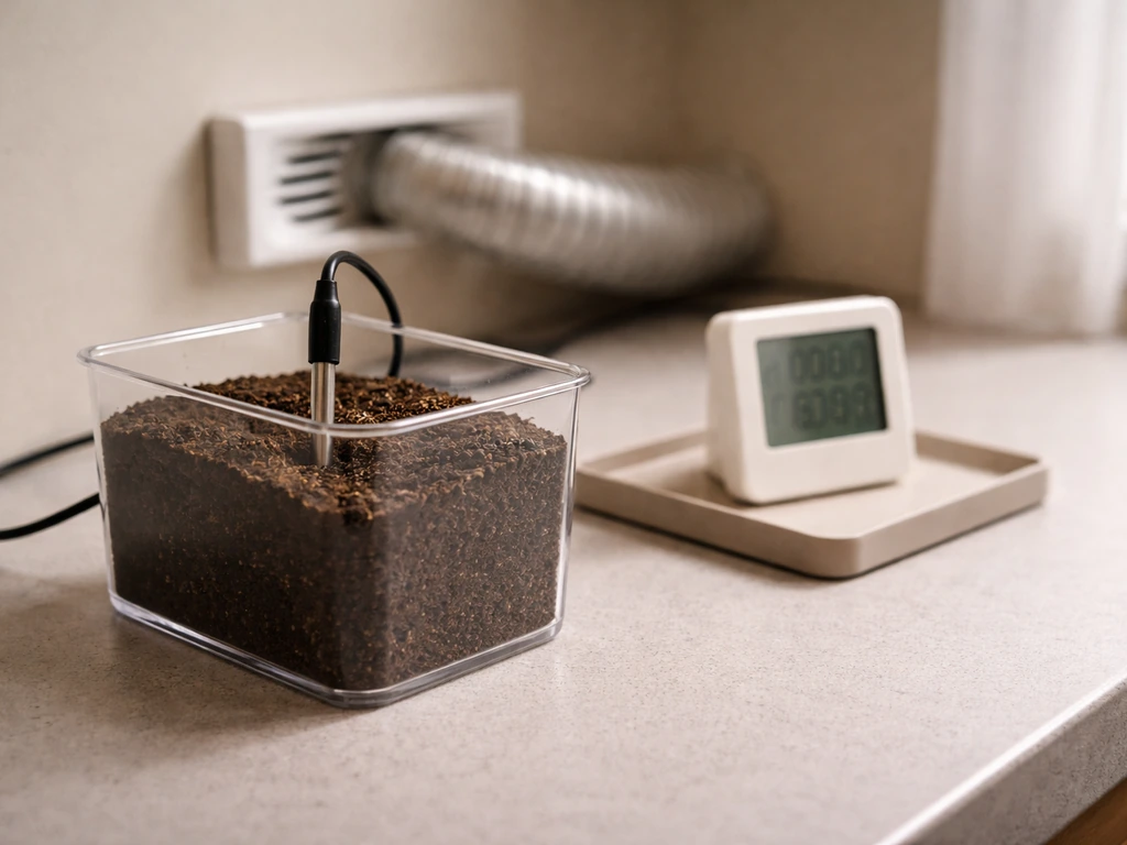 Soil temperature probe in a small container beside a hygrometer and vent setup