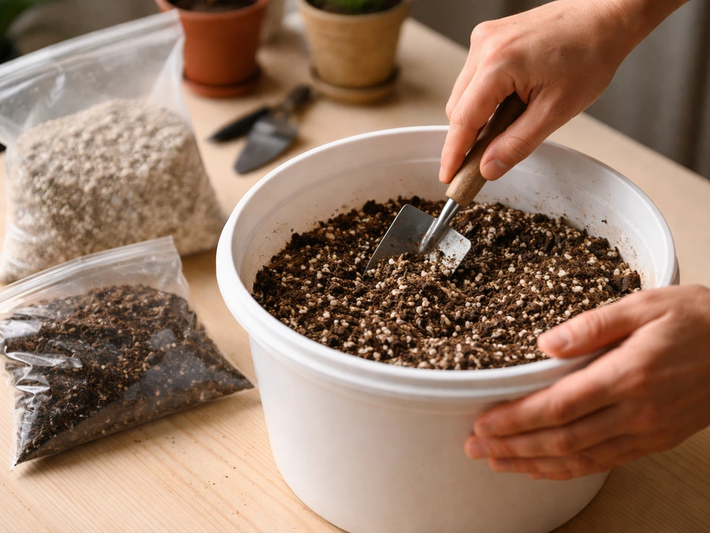 Close-up of someone mixing a container soil mix with grit and amended soil in a clean bucket indoors.