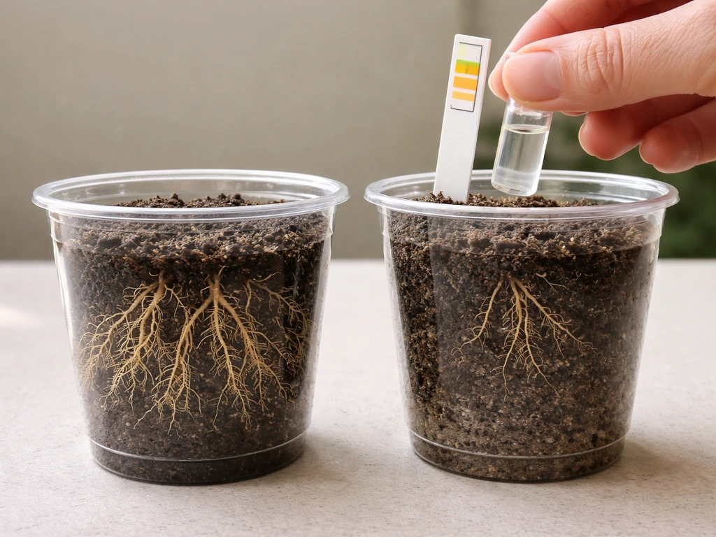 Close-up comparison of healthy vs poor mycorrhizal root tips in separate soil samples with a hand holding soil tests.