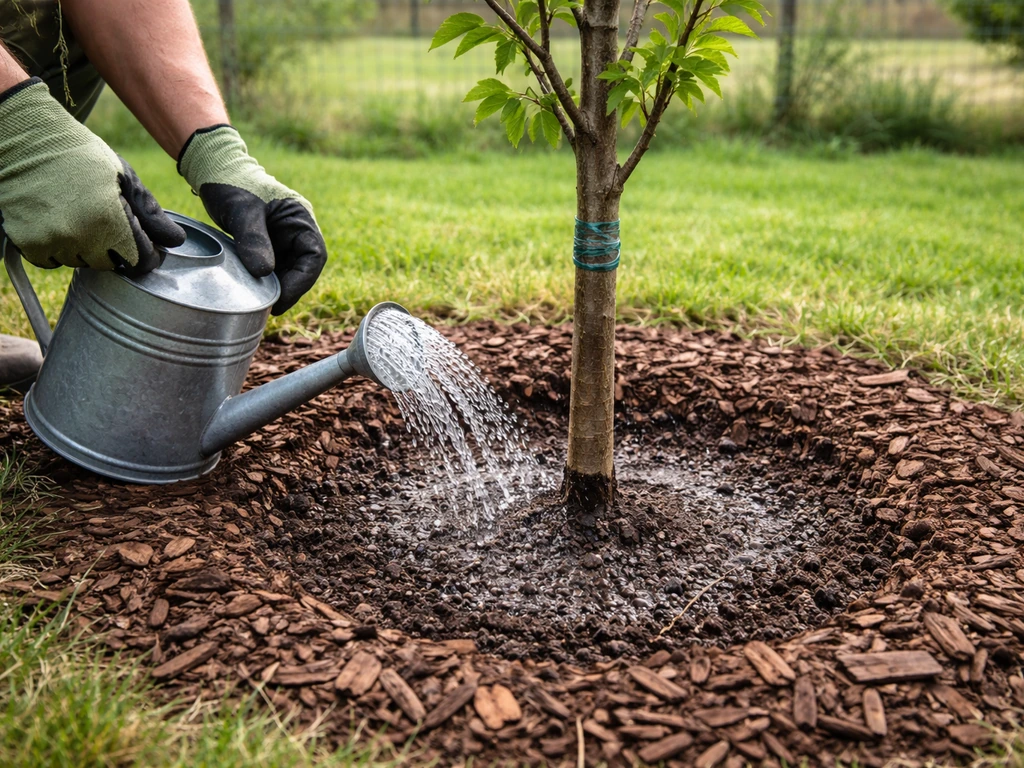 Gloved hands carefully watering a young inoculated tree in weed-controlled soil ring.