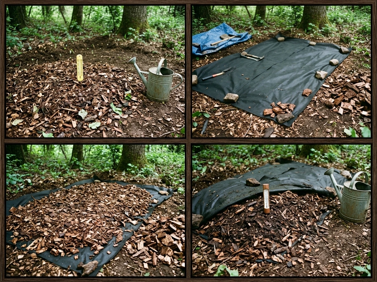 Outdoor bed setup with layered hardwood chips under shade and tarp, ready for watering.