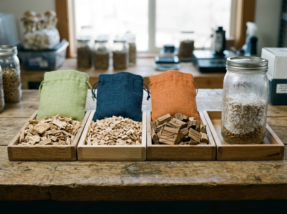 Sourcing substrate materials comparison of alder, beech, and oak hardwood chips.