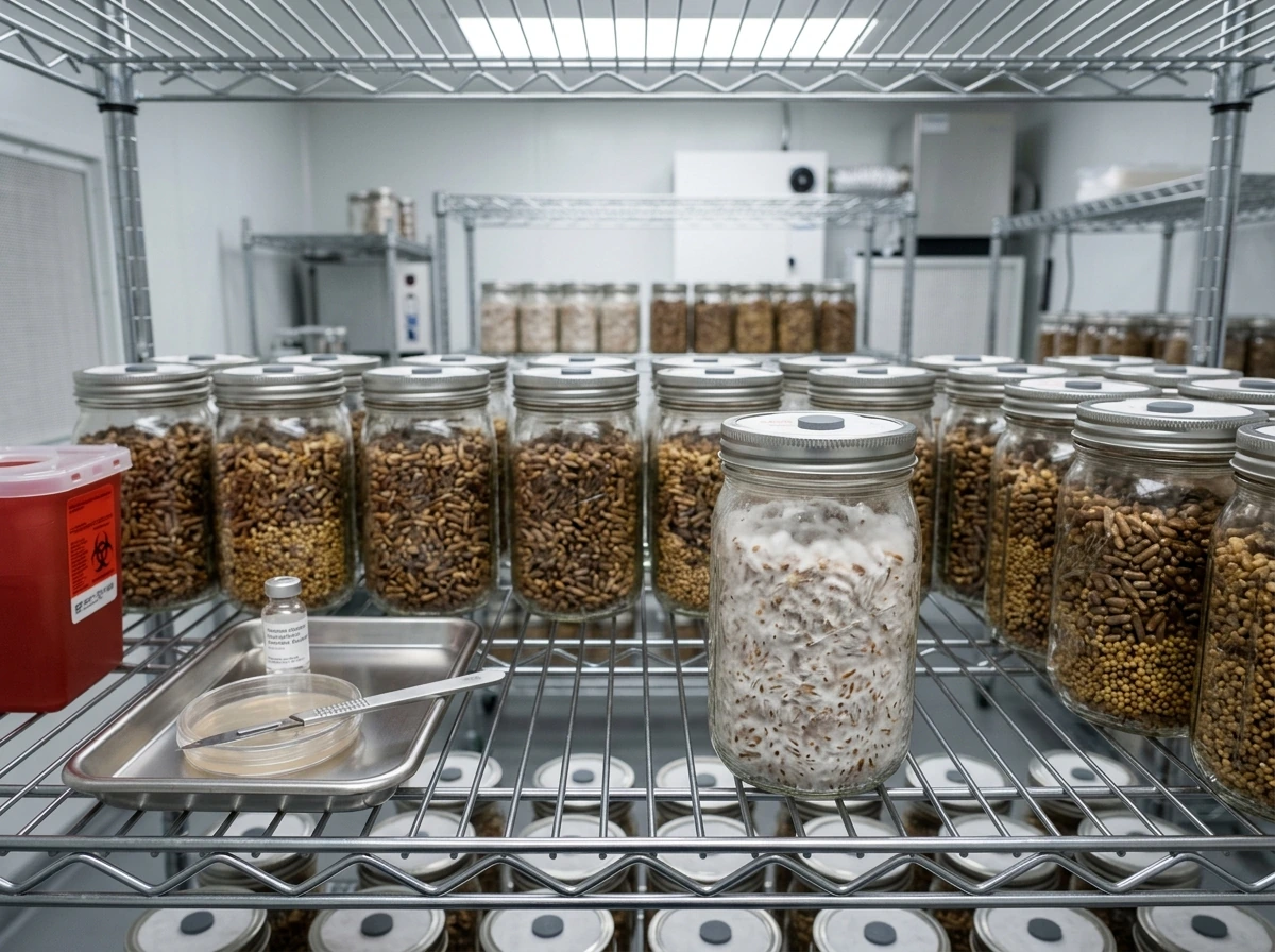 Indoor colonization with sterilized mason jars showing grain spawn mycelium growth.