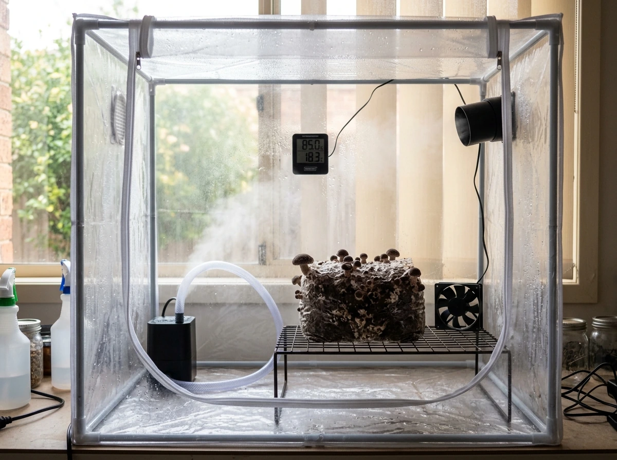 Indoor fruiting chamber showing humidity, airflow, and indirect light for pinning.