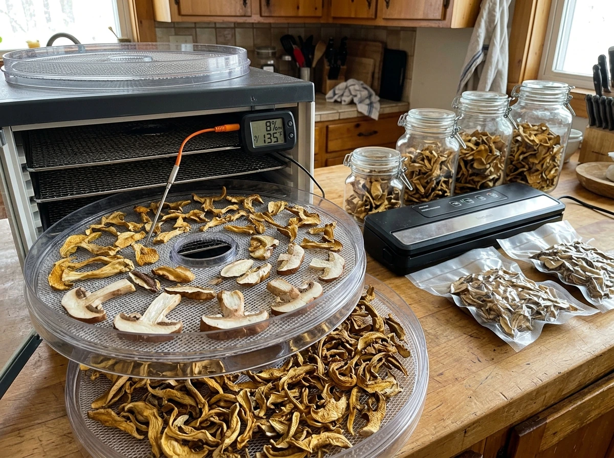 Dehydrating and storing dried mushrooms in a dehydrator and airtight containers.