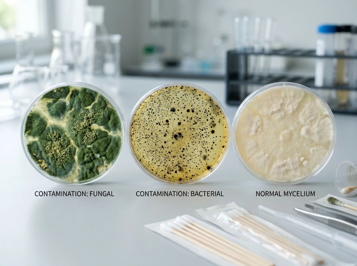 Side-by-side contamination diagnosis with green, black, and healthy-looking containers.