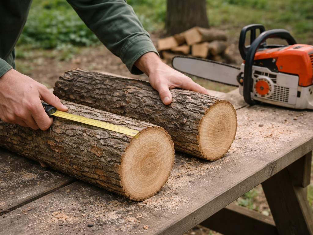 Hands measuring and preparing oak logs on a workbench with a chainsaw nearby for shiitake inoculation.