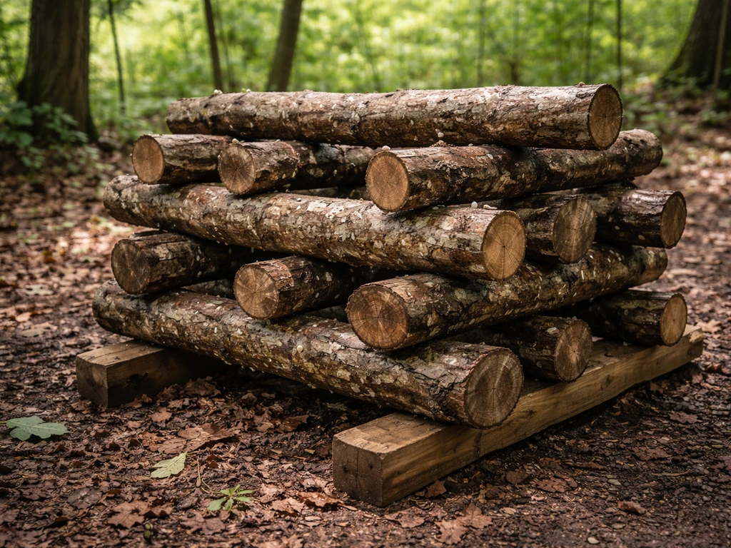 Inoculated logs stacked off the ground in dappled shade under trees for mushroom spawn run