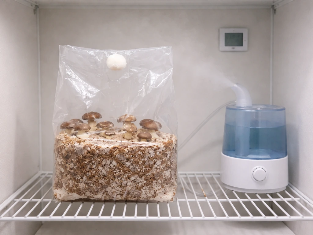 Indoor fruiting chamber setup with sawdust blocks, humidifier, and a humidity/temperature monitor device.