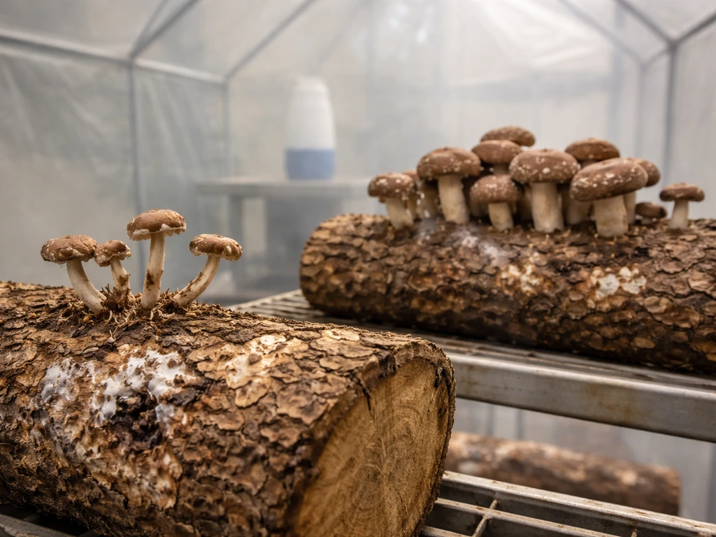 Two small shiitake clusters on log shelves indoors, one stunted in stagnant air, one thriving with fresh airflow