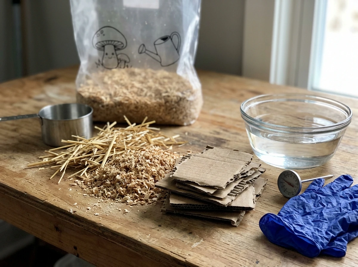 Assorted substrate materials like straw, cardboard, and sawdust for mushroom growth