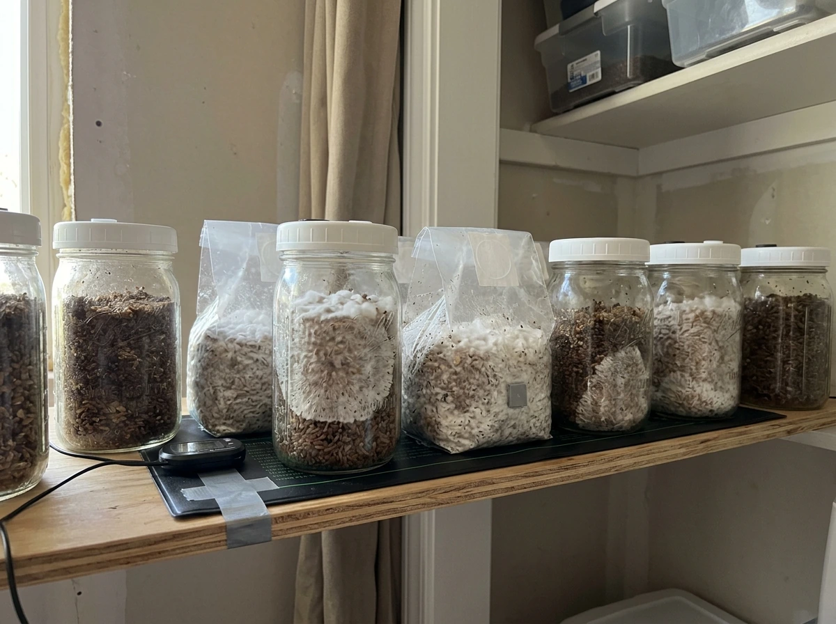 Incubating jars with white mycelium colonizing the substrate
