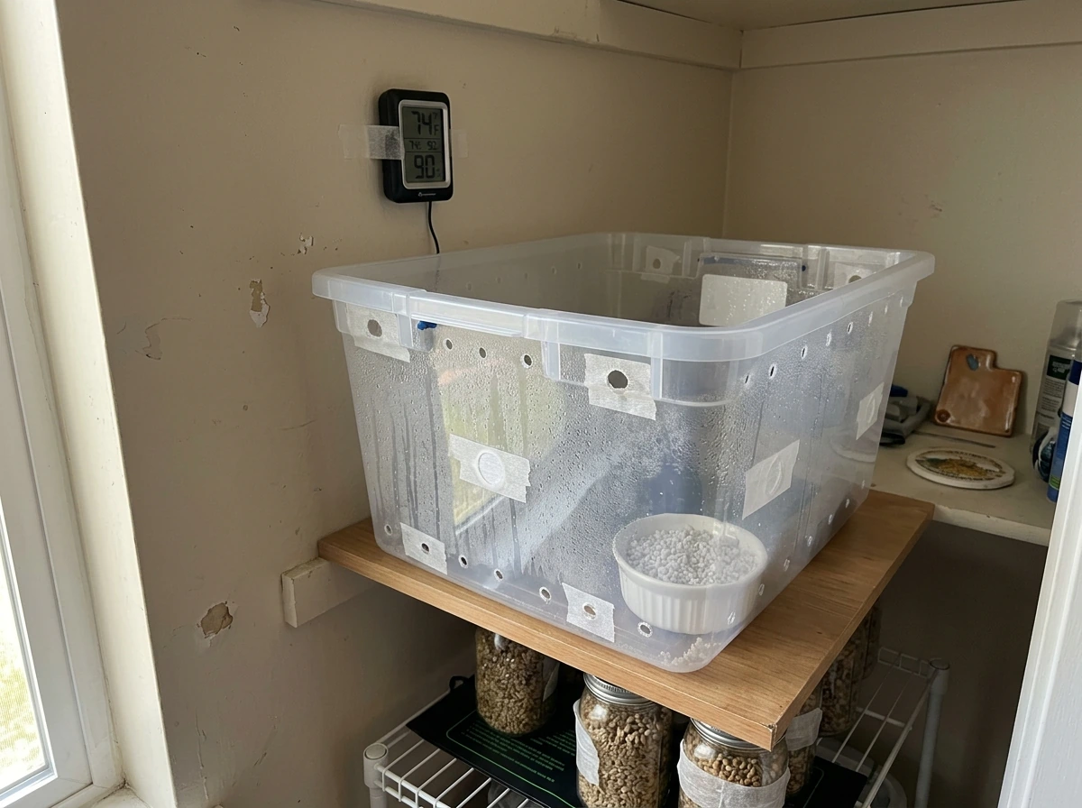 Small indoor mushroom grow setup with modified tote, sensors, and heat mat