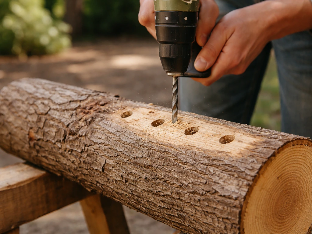 Close-up of hands drilling inoculation holes into a fresh hardwood log for mushroom spawn preparation.