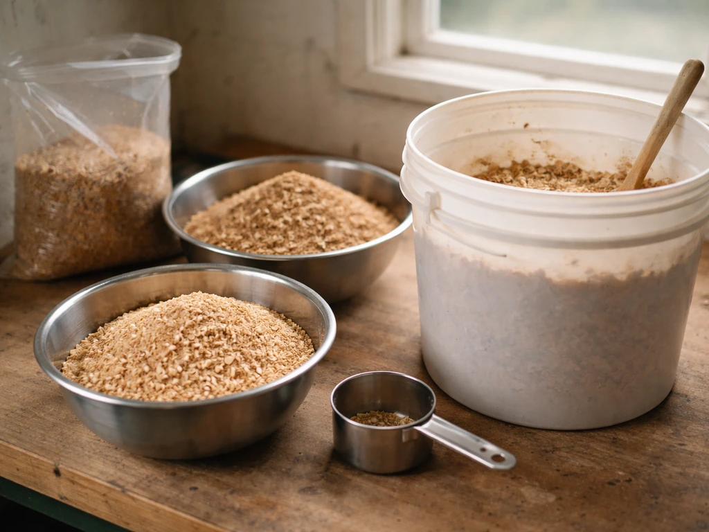 Hardwood sawdust mixed with wheat bran in bowls and a bucket on a clean workbench.
