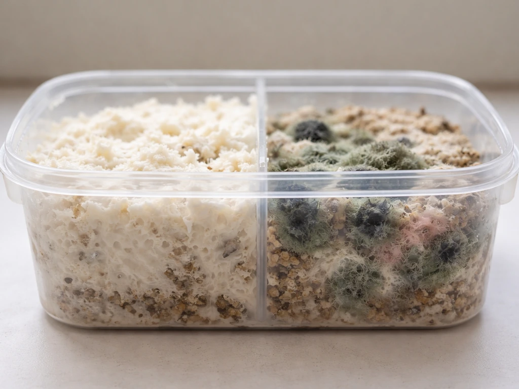 Close-up of a clear mushroom growing container showing healthy white mycelium next to green/black/pink mold contaminatio